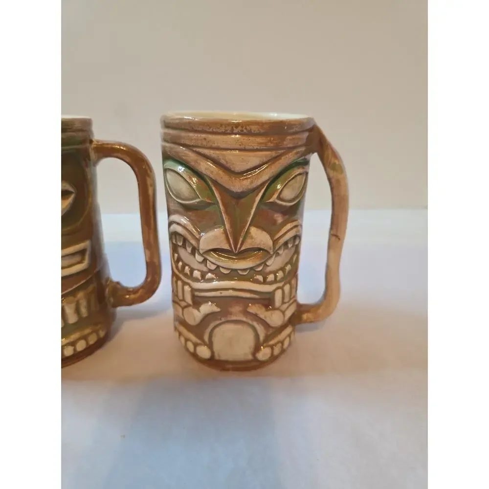 2 Vintage Ceramic Tiki Mugs with Handles 5.5